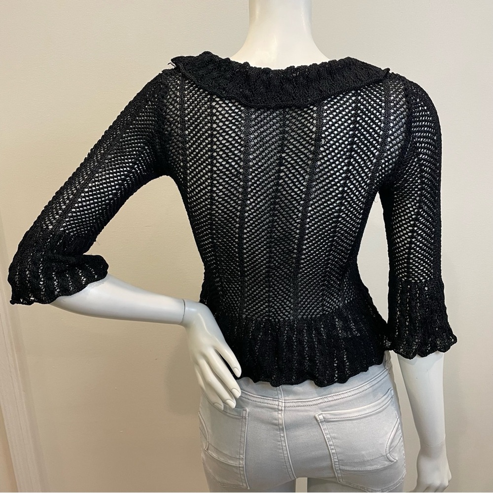 VINTAGE Y2K Water Drop Crochet Cropped Ruffle Sleeve Loose Knit Sweater - Picture 2 of 8